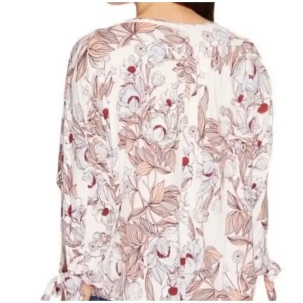 Free People Floral Print Tie Sleeve Slouch Blouse Lightweight Boho Pink White XS